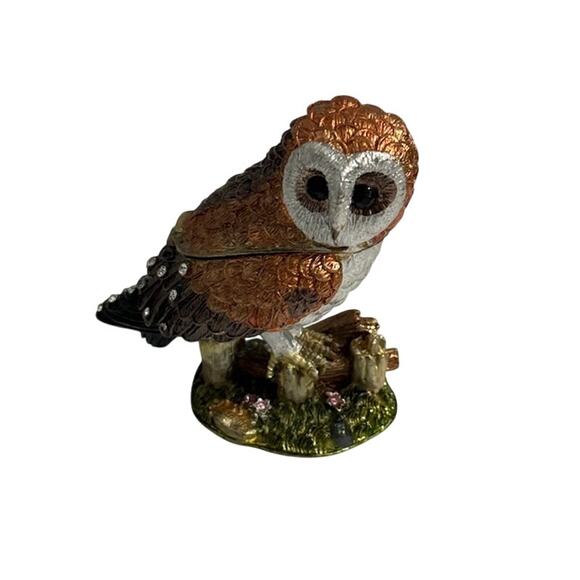 Owl Trinket Box Enameled Bejeweled Hinged Magnetic 3" Tall - Picture 1 of 6